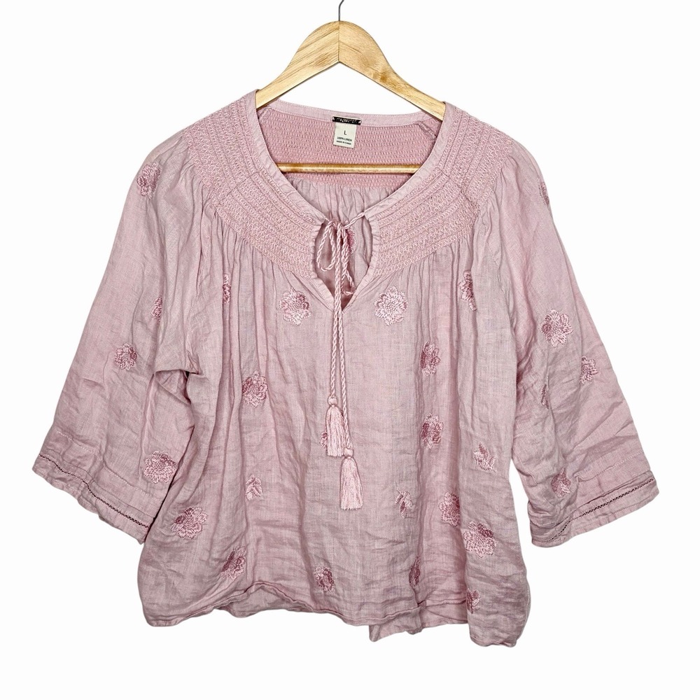 Magaschoni Embroidered Linen Boho Top Pink Womens L Tasseled Peasant Festival
